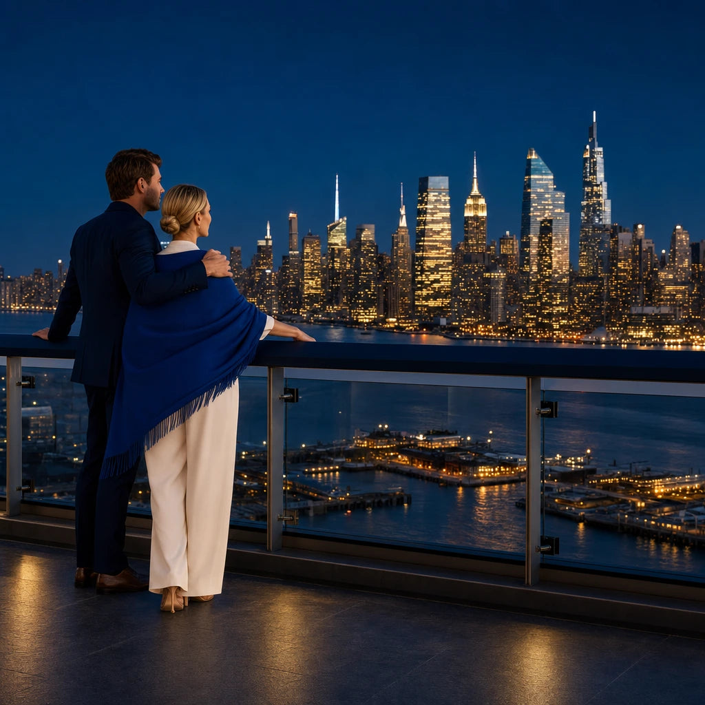 Couple standing close at a rooftop rail over the glittering city at dusk, Skyline Views experience gift