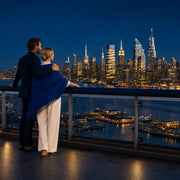 Couple standing close at a rooftop rail over the glittering city at dusk, Skyline Views experience gift