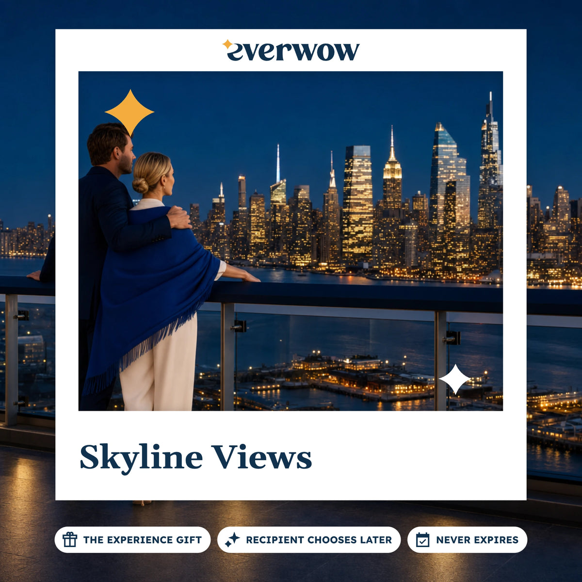 Everwow Skyline Views experience gift photo in a frame, rooftop rail at dusk