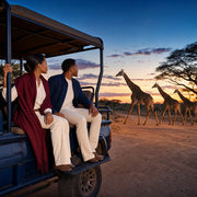 Couple in a safari vehicle watching giraffes cross the track at dusk, Wildlife Encounters experience gift