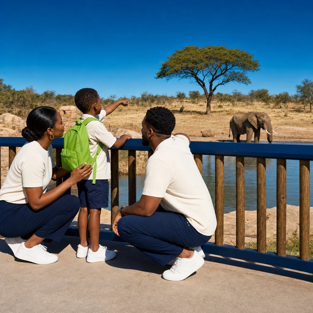 Child pointing at an elephant wading at a zoo habitat, parents close by, Zoo Time experience gift