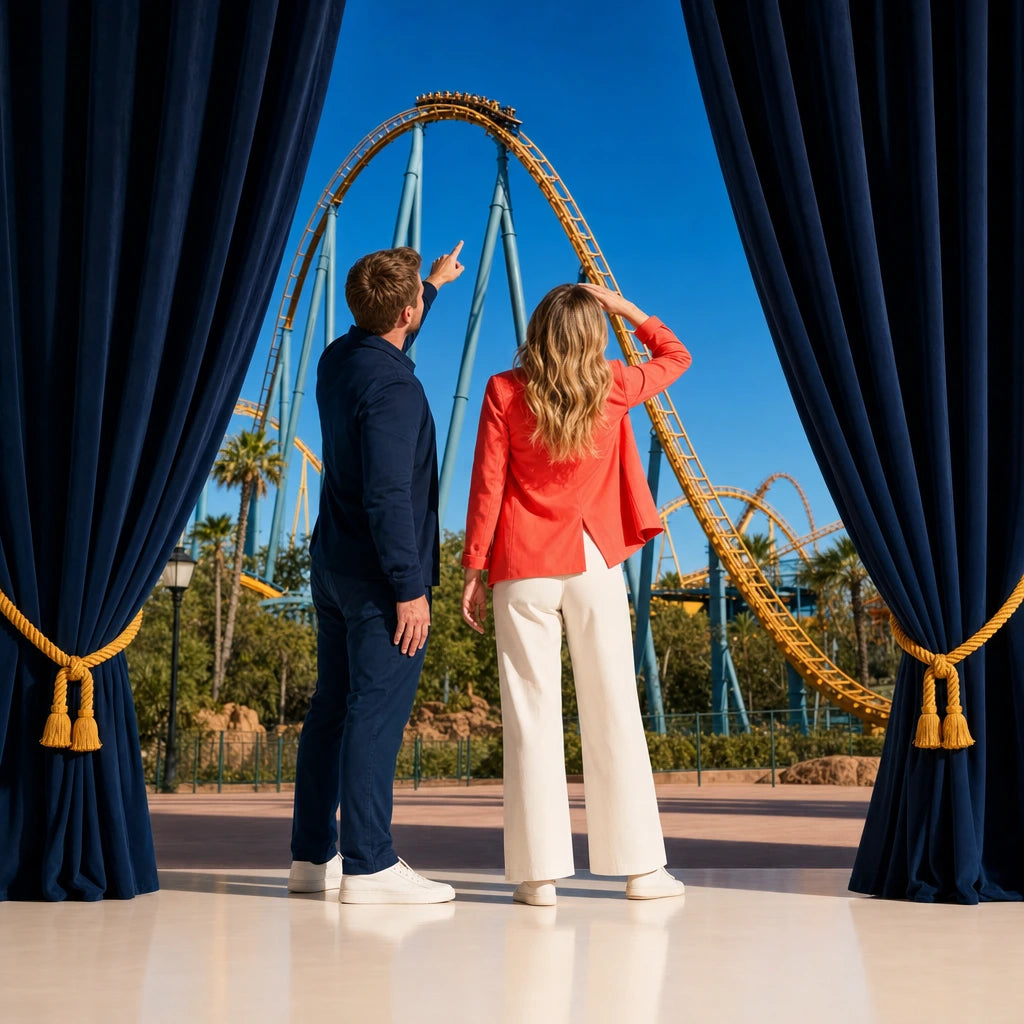 Couple pointing at a roller coaster cresting at a sunlit theme park, Attraction Pass experience gift