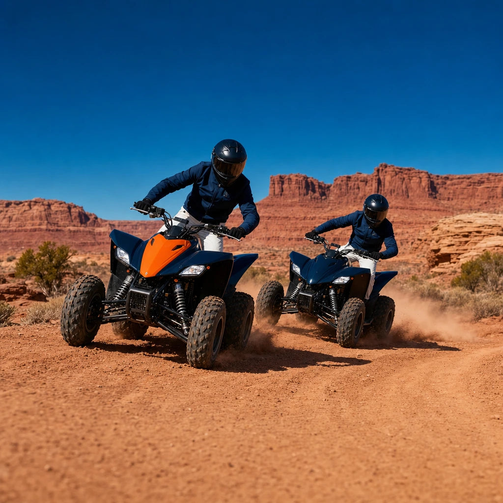 Two riders leaning quad bikes through a dusty desert bend, ATV & Quad Biking Experience Collection experience gift