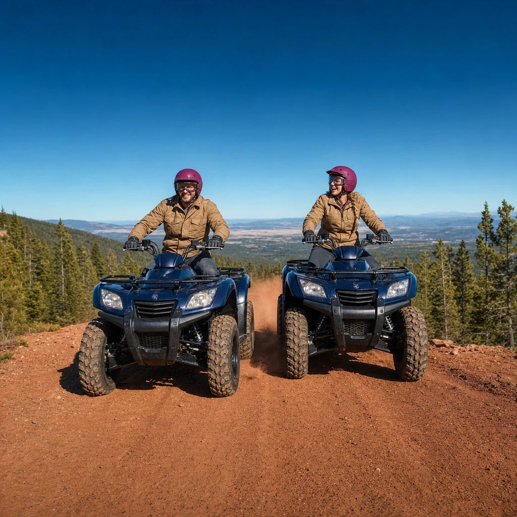 Two riders on matching ATVs kicking up dust on a forest ridge trail, ATV Tour experience gift