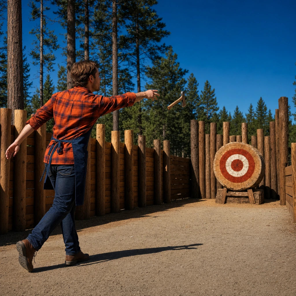 Hatchet spinning toward a bullseye at a forest range, Axe Throwing Experience Collection experience gift
