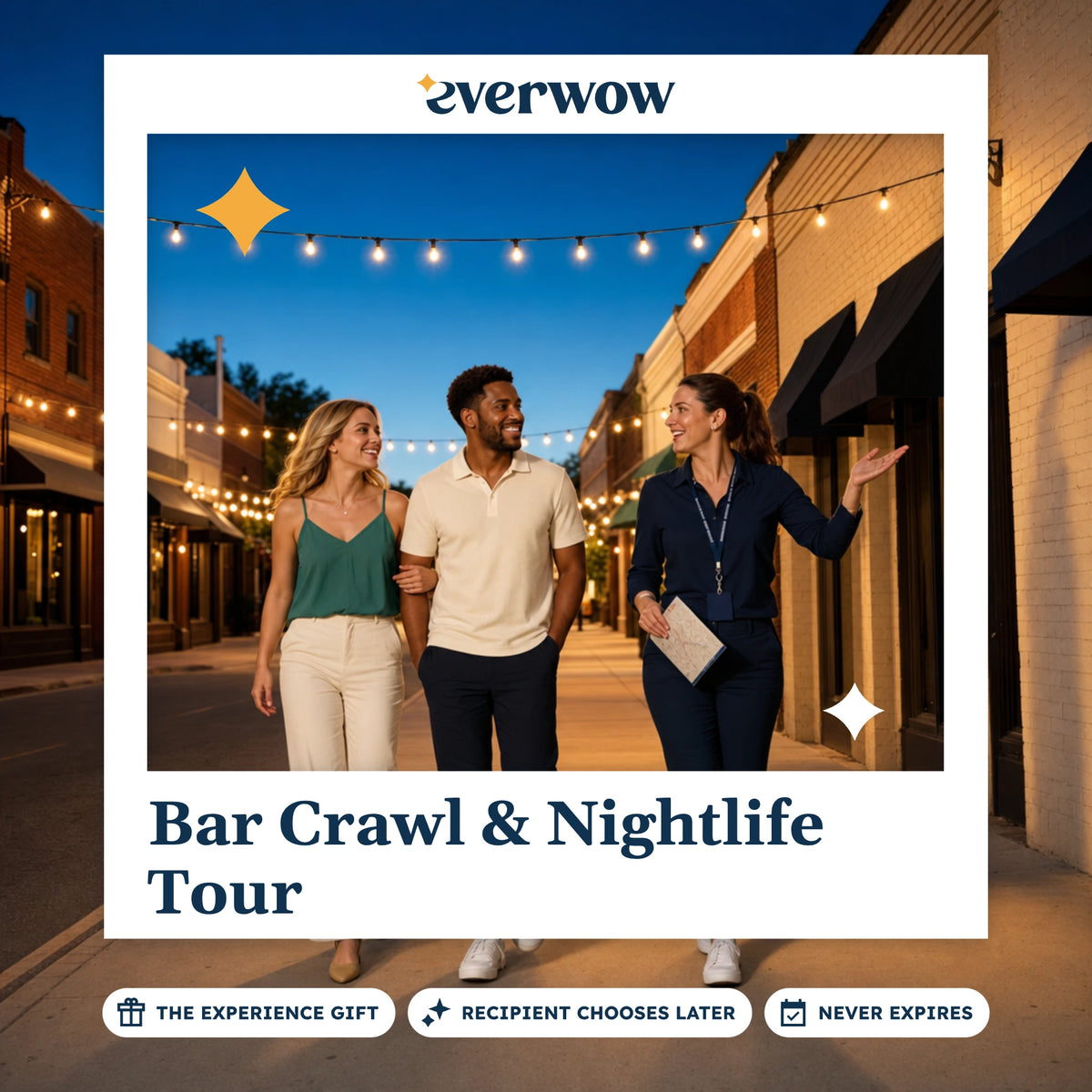 Everwow Bar Crawl & Nightlife Tour experience gift photo in a frame, string-lit evening stroll
