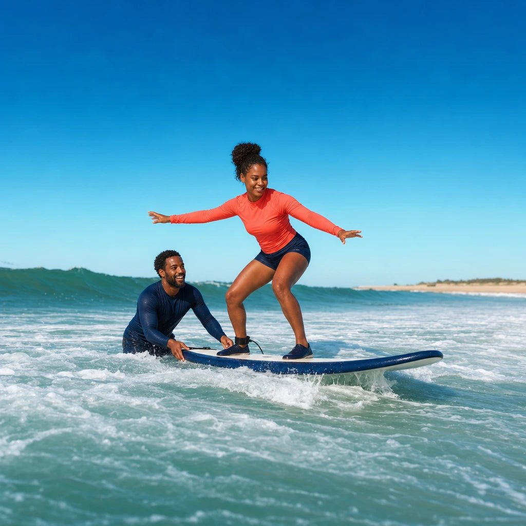 First-time surfer riding whitewash with an instructor close behind, Beginner Surf Lesson experience gift