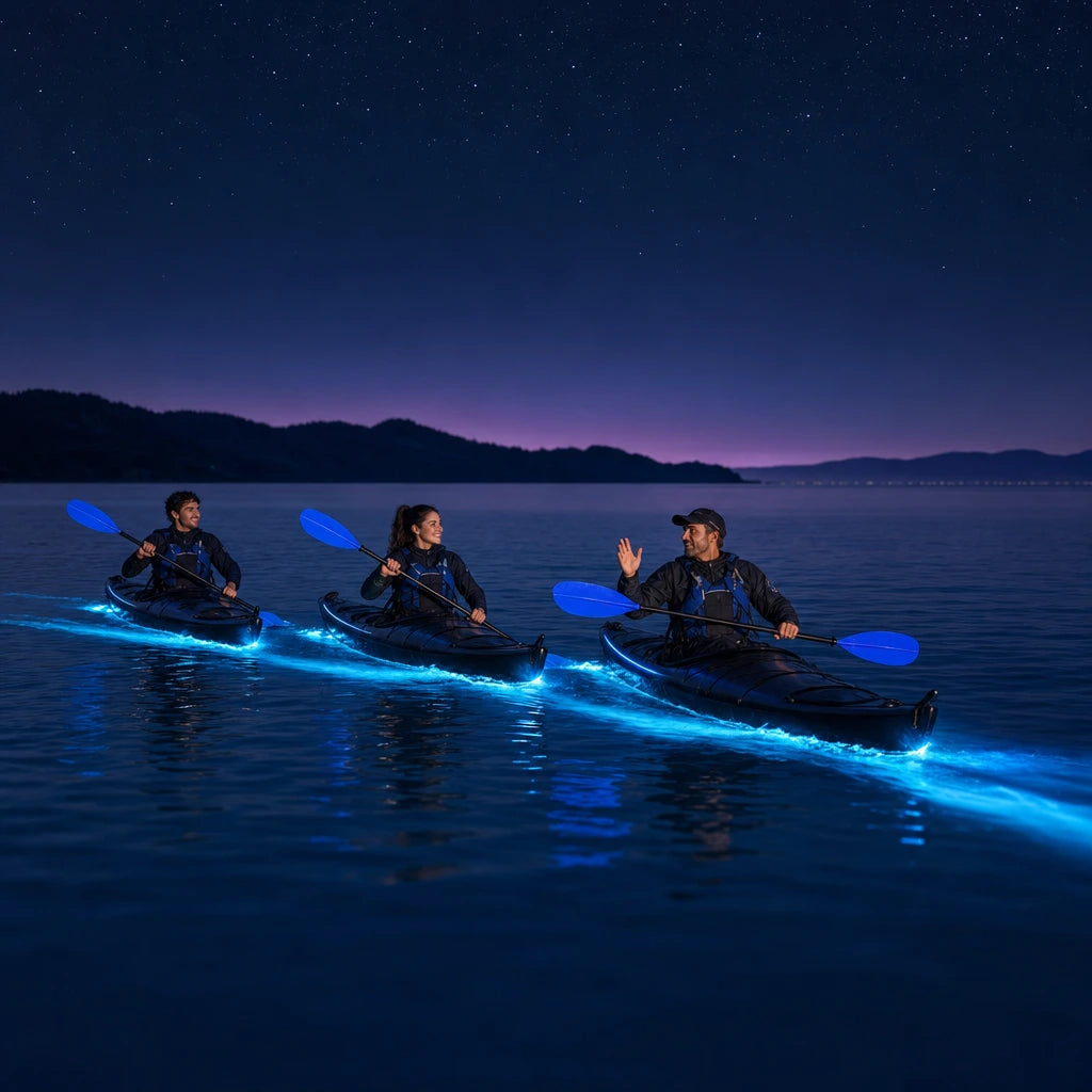 Three kayaks trailing glowing cyan wakes across a night bay, Bioluminescence Kayak Tour experience gift