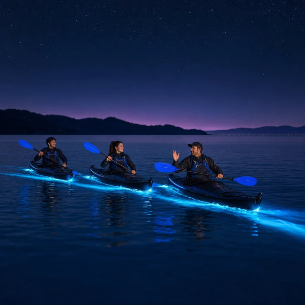 Three kayaks trailing glowing cyan wakes across a night bay, Bioluminescence Kayak Tour experience gift