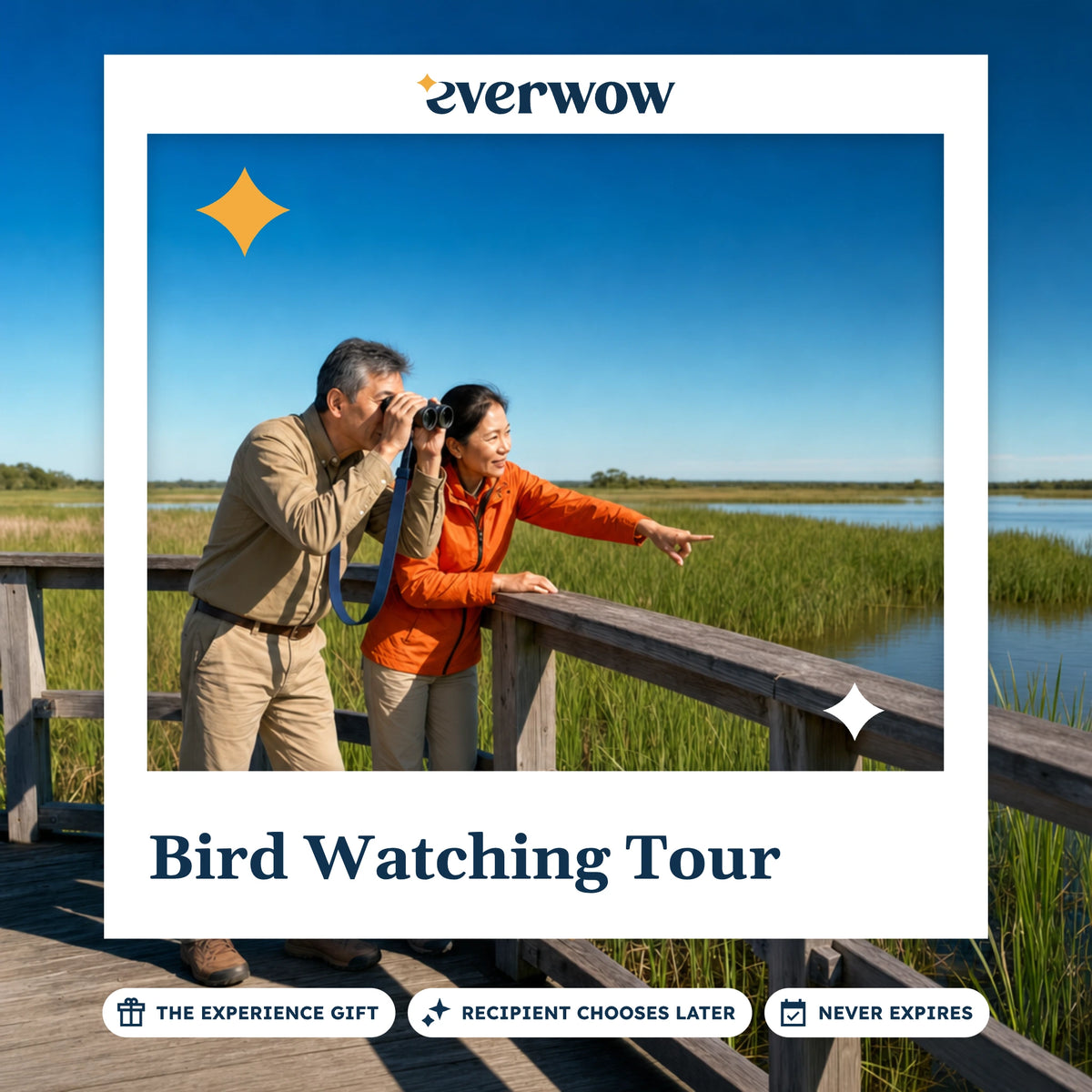 Everwow Bird Watching Tour experience gift photo in a frame, birders on a marsh boardwalk