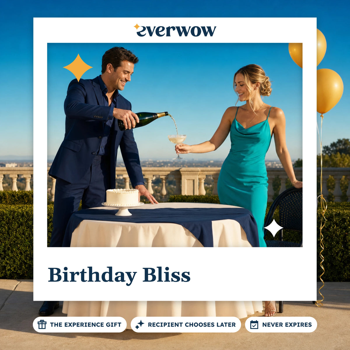 Everwow Birthday Bliss experience gift photo in a frame, terrace champagne and cake