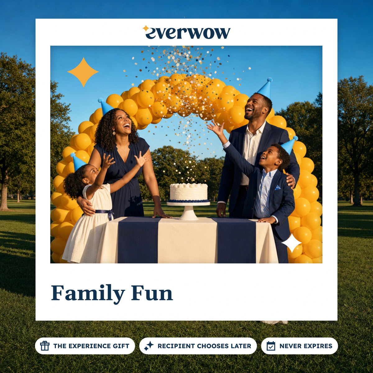 Everwow Family Fun experience gift photo in a frame, confetti over a birthday cake