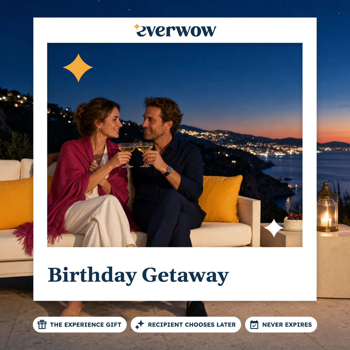 Everwow Birthday Getaway experience gift photo in a frame, resort terrace toast at dusk