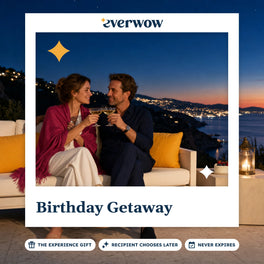 Everwow Birthday Getaway experience gift photo in a frame, resort terrace toast at dusk