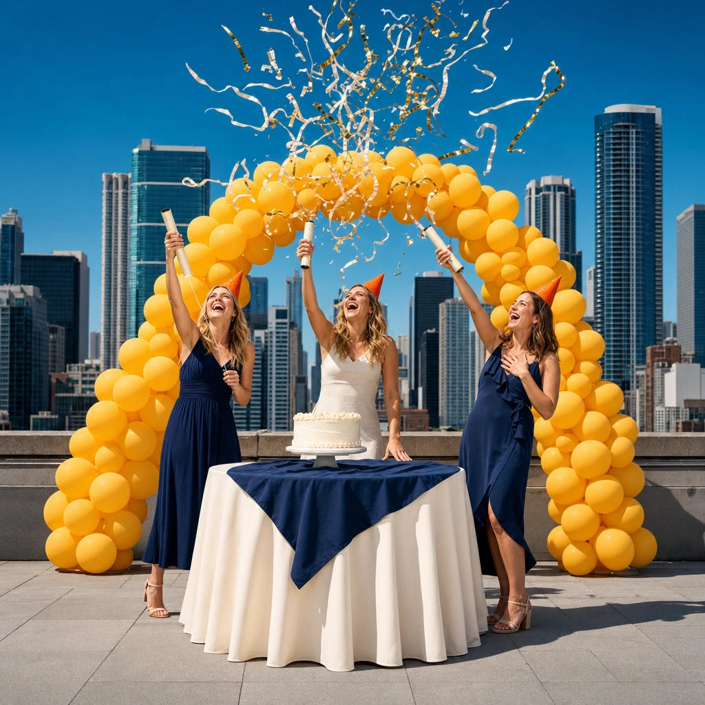 Three friends firing party poppers over a birthday cake on a rooftop, Happy Birthday experience gift