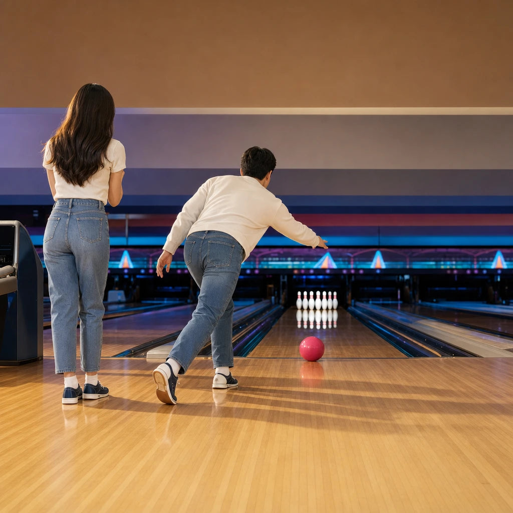 Man bowling a hot pink ball toward the pins as his partner watches, Bowling & Arcades experience gift