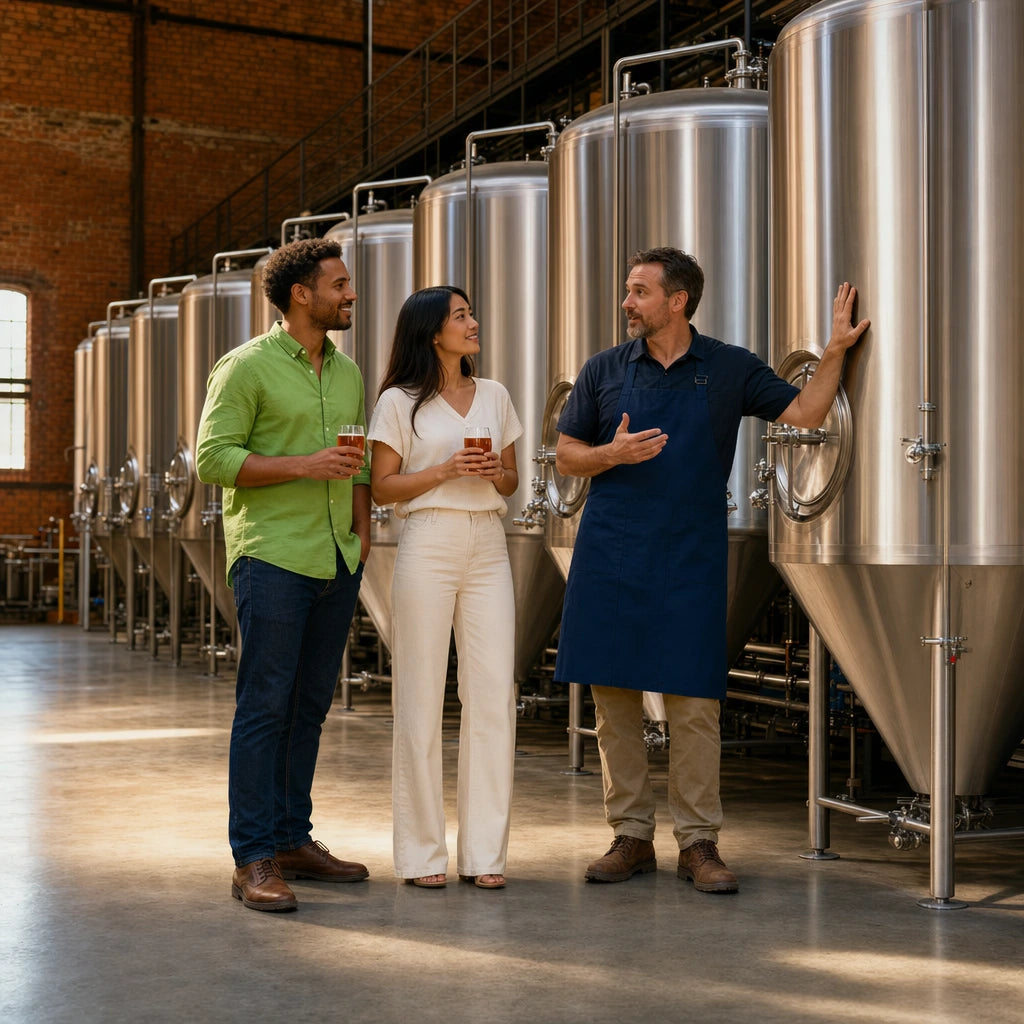 Guide explaining brewing beside steel tanks as a couple tastes beer, Brewery Tour experience gift