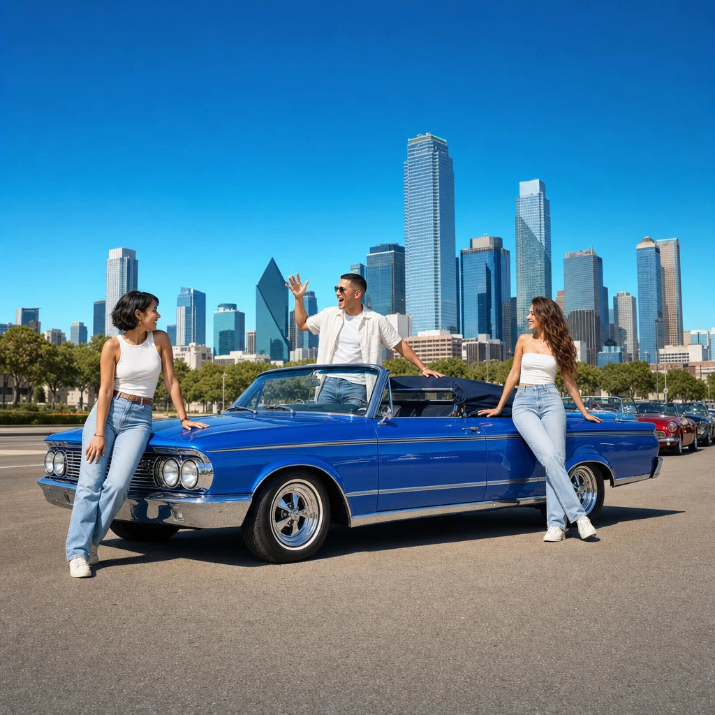 Three friends gathered around a cobalt vintage convertible downtown, Dallas Bucketlist experience gift