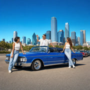 Three friends gathered around a cobalt vintage convertible downtown, Dallas Bucketlist experience gift