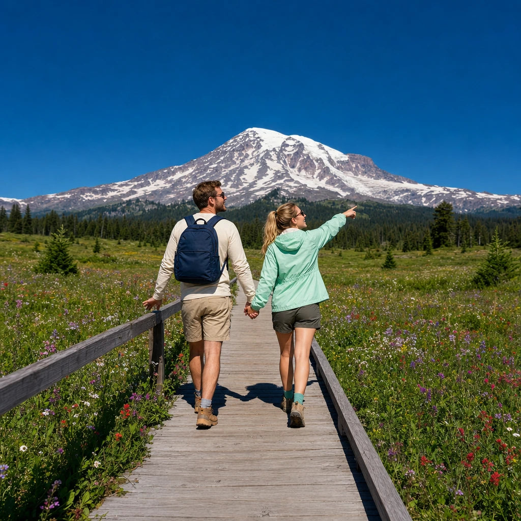 Couple walking a meadow boardwalk toward a snowy peak, Seattle Bucketlist Experience Collection experience gift