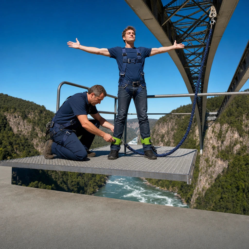 Jumper standing arms wide at the bridge edge as an operator checks his cuffs, Bungee Jumping experience gift