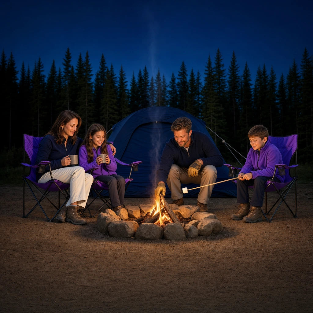 Family toasting marshmallows around a stone fire ring at dusk, Camping Adventure experience gift