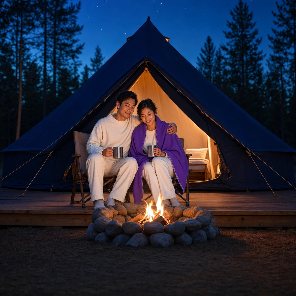 Couple sharing tin mugs by a small fire outside a glowing glamping tent, Camping & Glamping experience gift