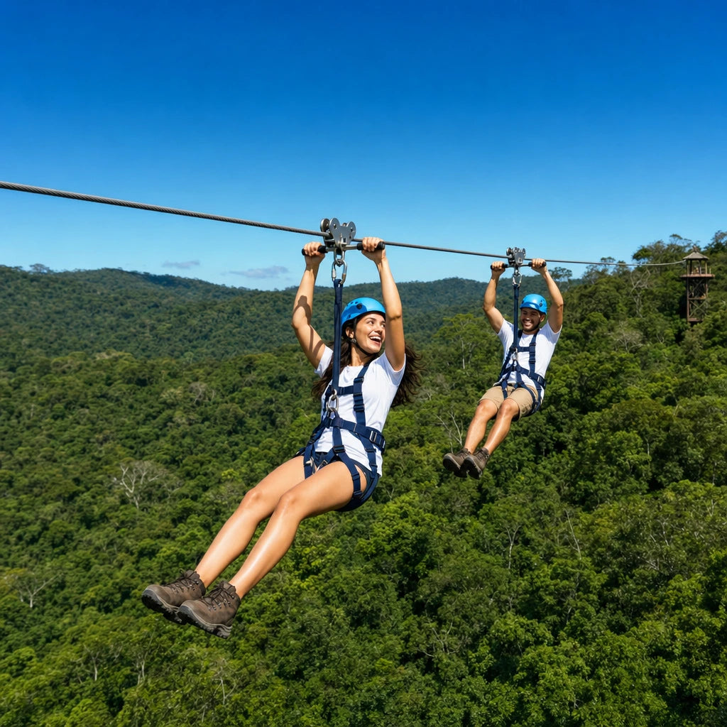 Two riders zipping along a steel cable high above rainforest canopy, Canopy & Treetop Zip Tour experience gift
