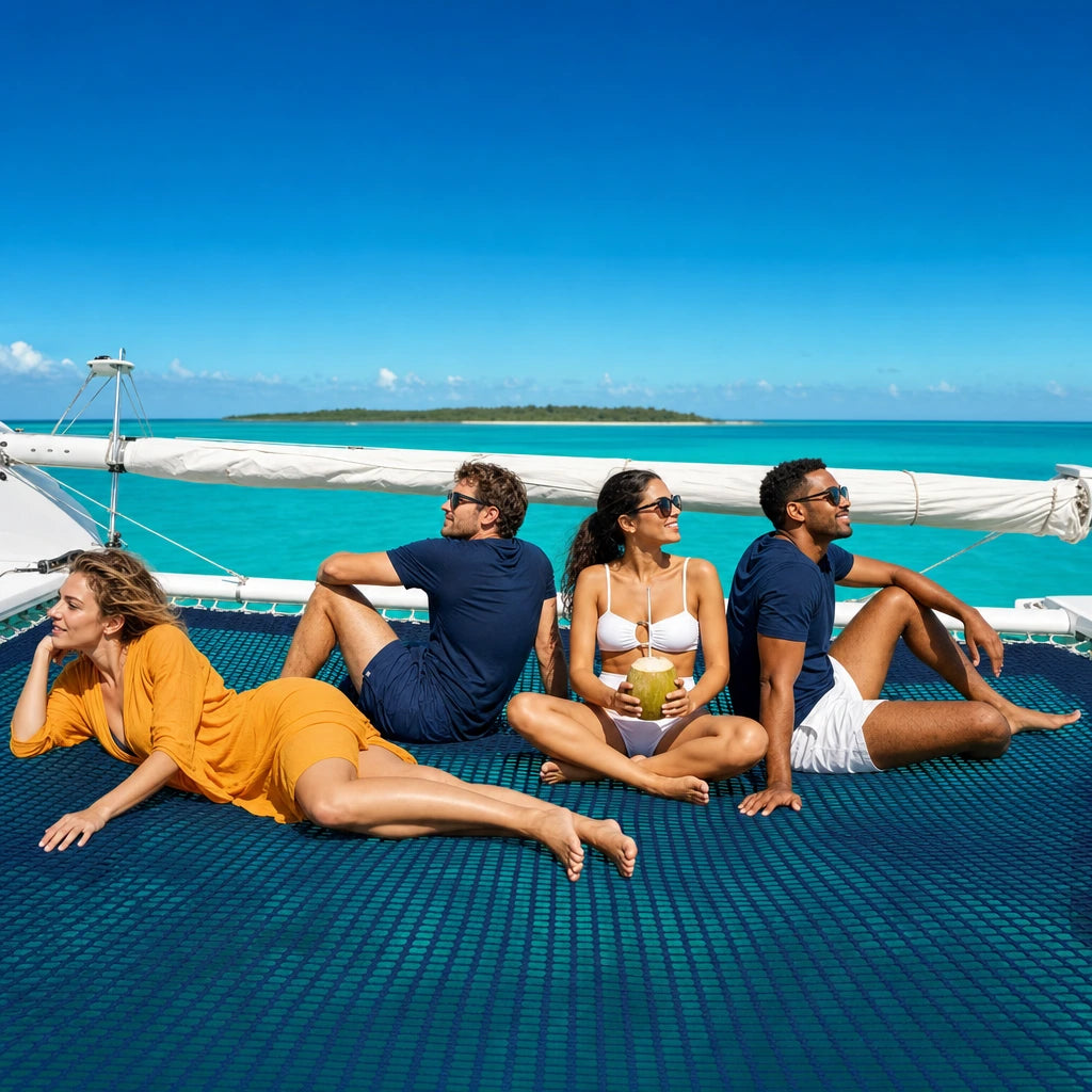 Four friends relaxing on a catamaran trampoline over turquoise water, Catamaran Party Cruise experience gift