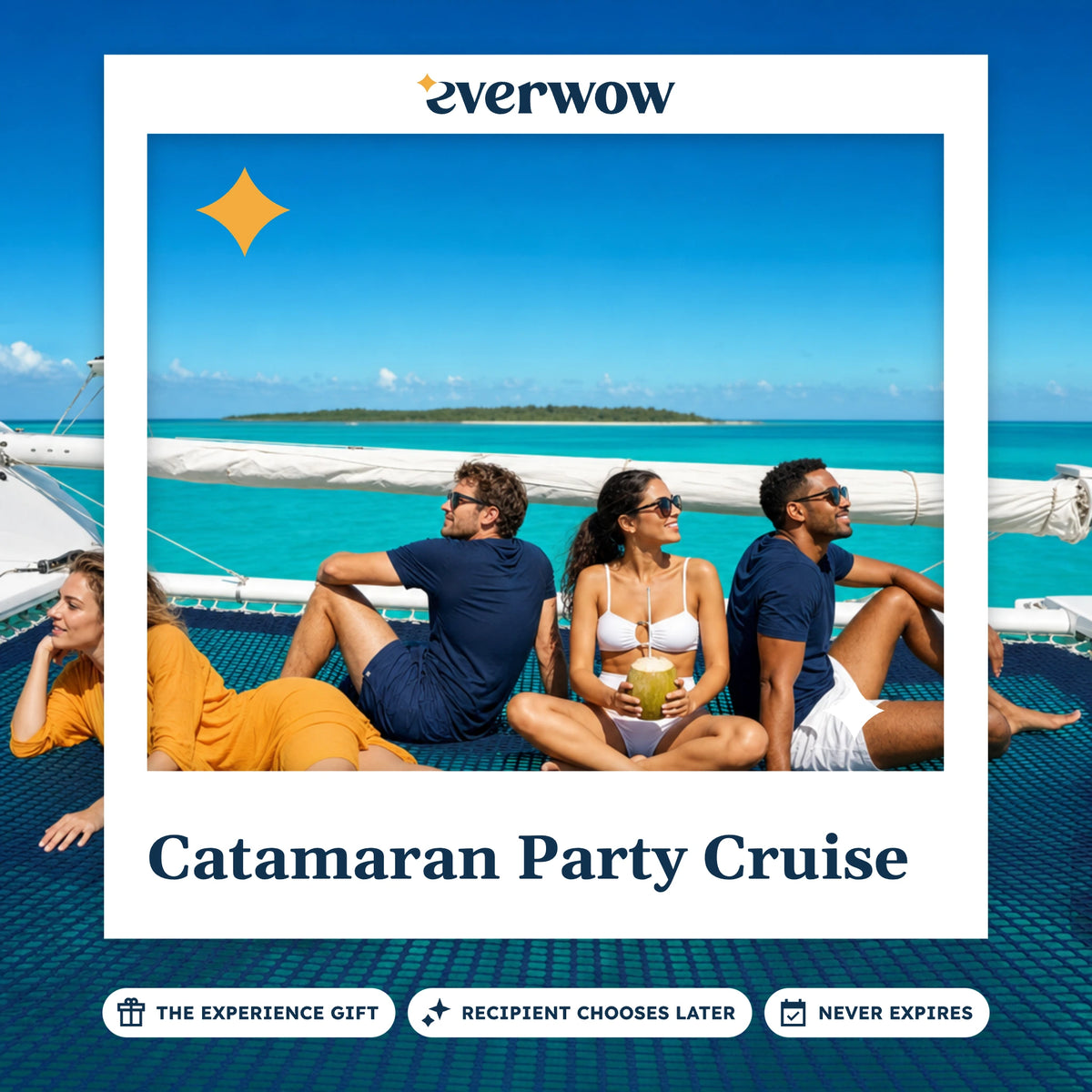 Everwow Catamaran Party Cruise experience gift photo in a frame, friends on the trampoline
