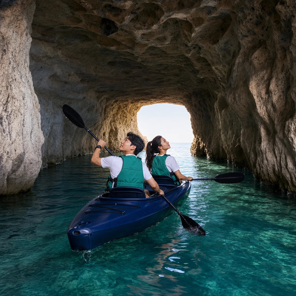 Tandem kayak gliding through a limestone sea cave toward daylight, Cave Kayak Tour experience gift