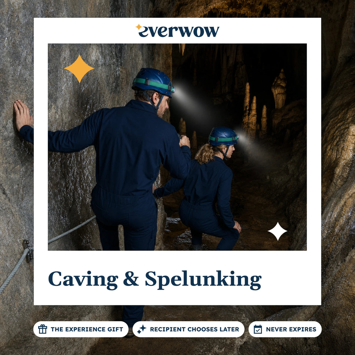 Everwow Caving & Spelunking experience gift photo in a frame, headlamps in the cave