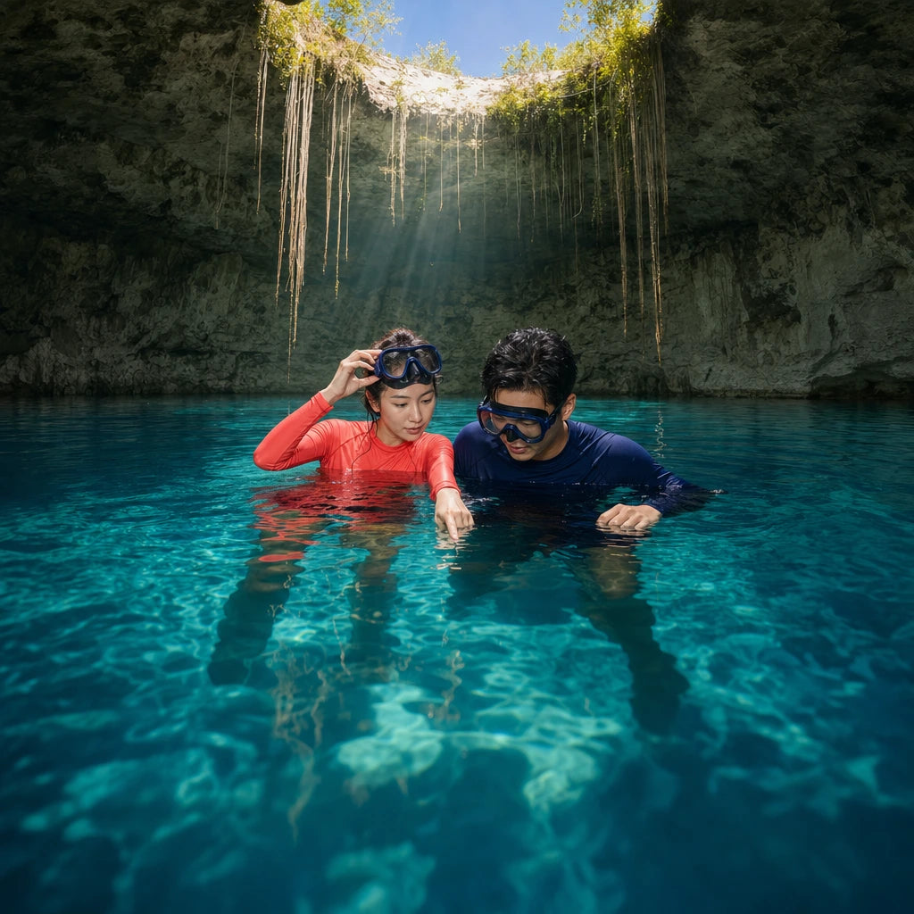 Couple floating in a clear turquoise cenote pool under a sun shaft, Cenote Snorkeling experience gift