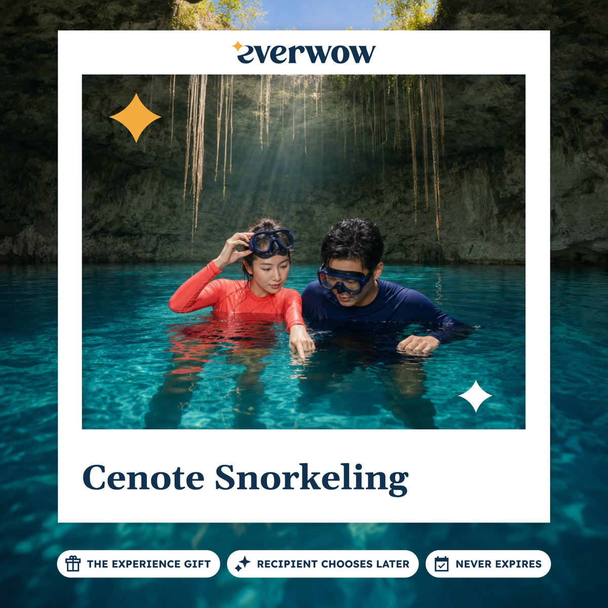 Everwow Cenote Snorkeling experience gift photo in a frame, sunlit cenote swim
