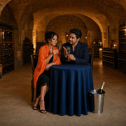 Couple raising champagne flutes to candlelight in a stone cellar, Champagne Tasting experience gift