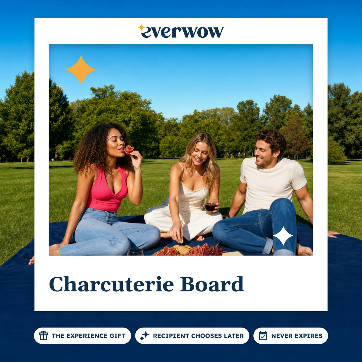 Everwow Charcuterie Board experience gift photo in a frame, friends at a park picnic