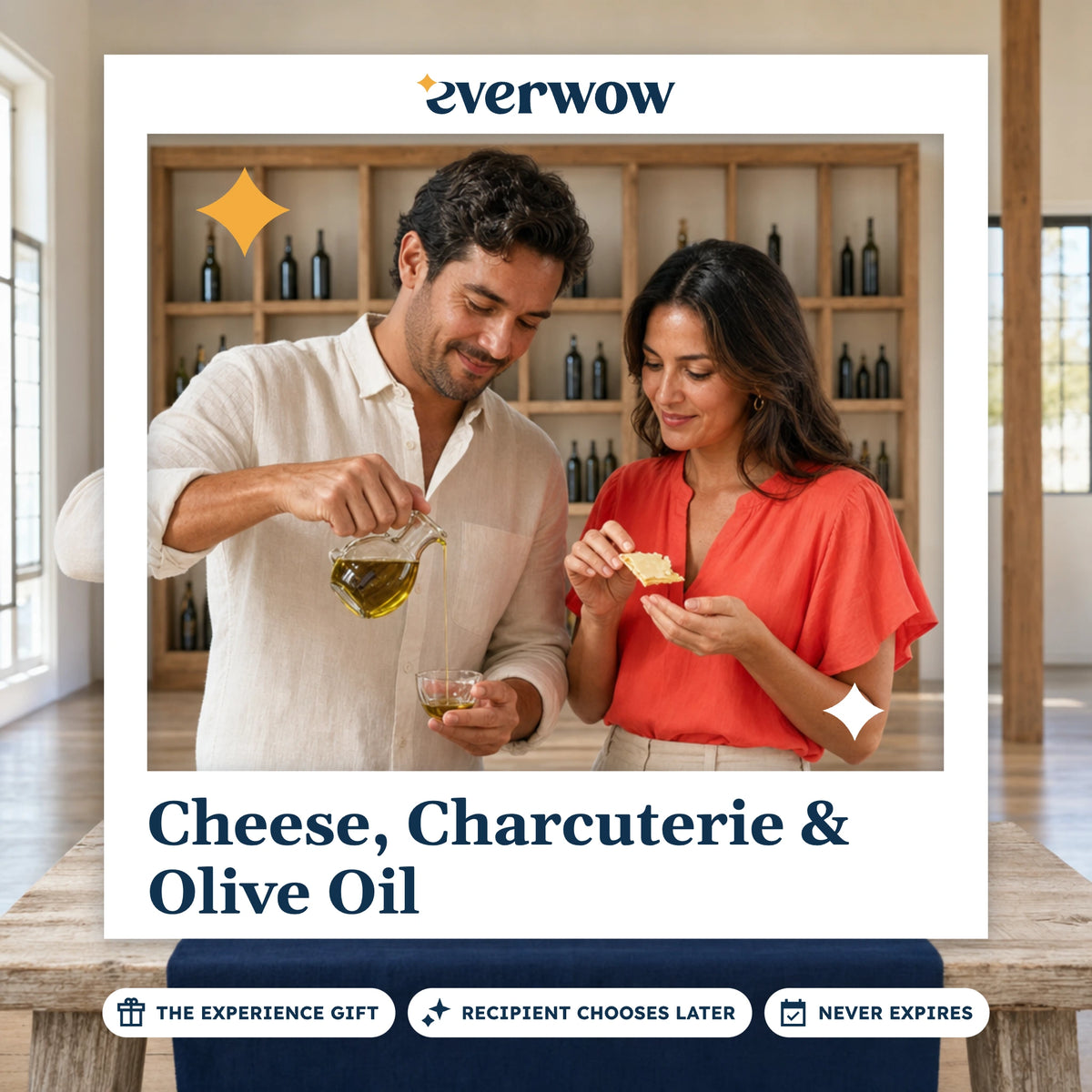 Everwow Cheese, Charcuterie & Olive Oil experience gift photo in a frame, tasting table spread