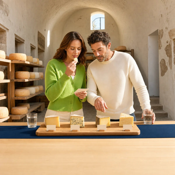 Couple tasting cheese wedges at a cellar counter lined with wheels, Cheese Tasting experience gift