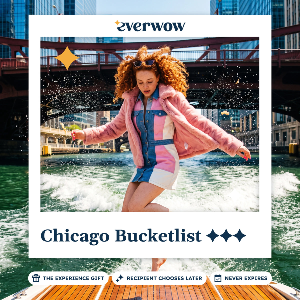 Everwow Chicago Bucketlist gift card: woman mid-leap on the bow of a boat on the Chicago River