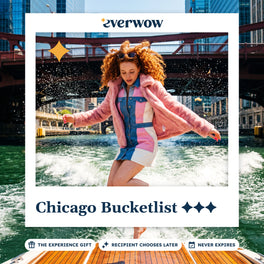 Everwow Chicago Bucketlist gift card: woman mid-leap on the bow of a boat on the Chicago River