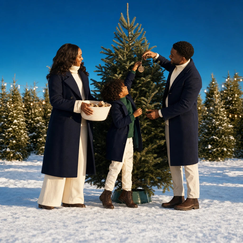 Family hanging an ornament on a fresh fir at a snowy tree lot, Happy Holidays experience gift