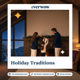 Everwow Holiday Traditions experience gift photo in a frame, stocking on a cabin mantel