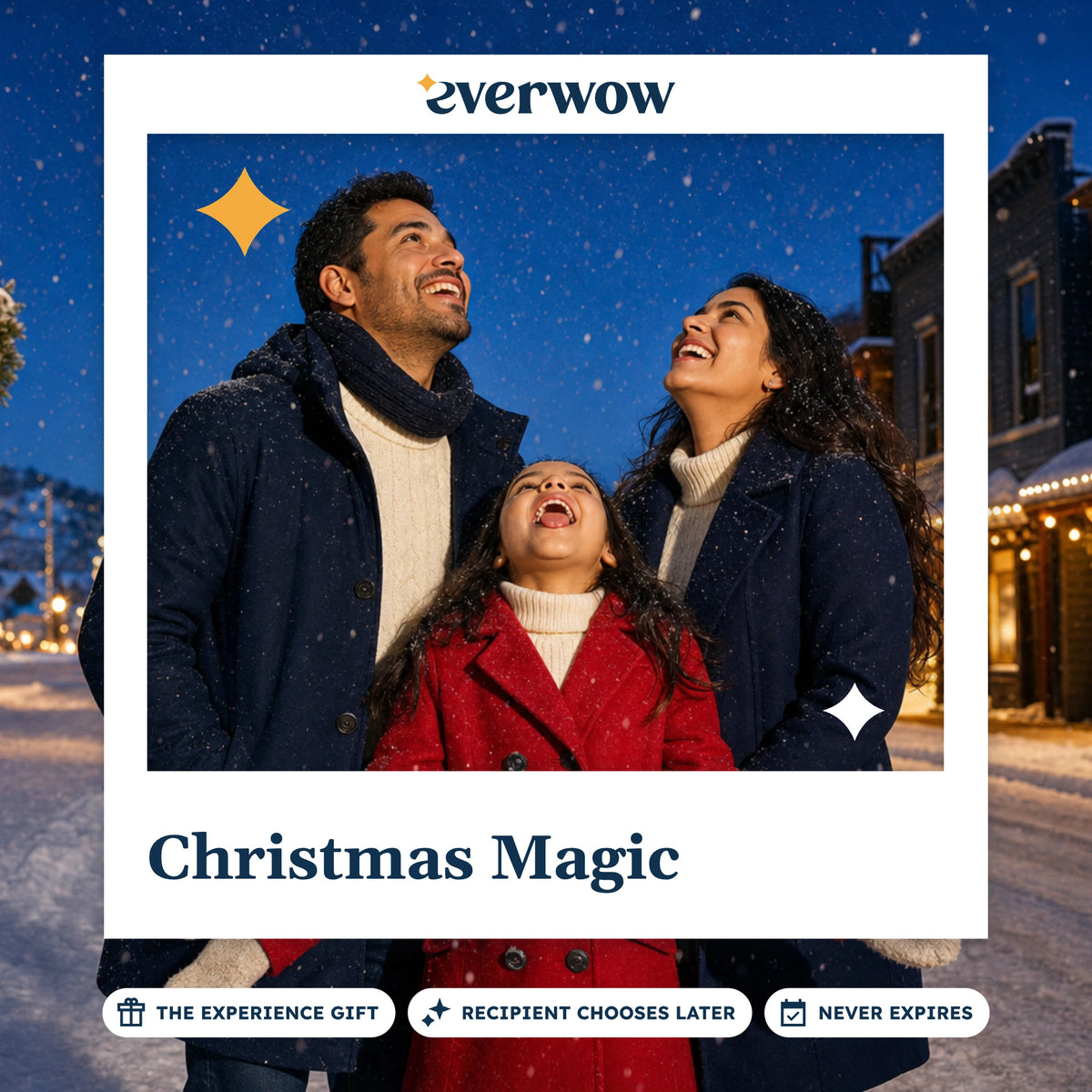 Everwow Christmas Magic experience gift photo in a frame, family in falling snow
