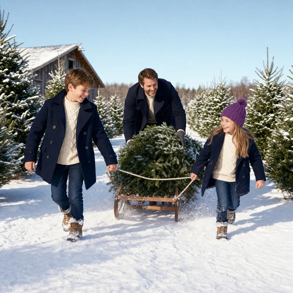 Children pulling a fresh-cut fir on a sled at a snowy tree farm, Santa's Choice experience gift