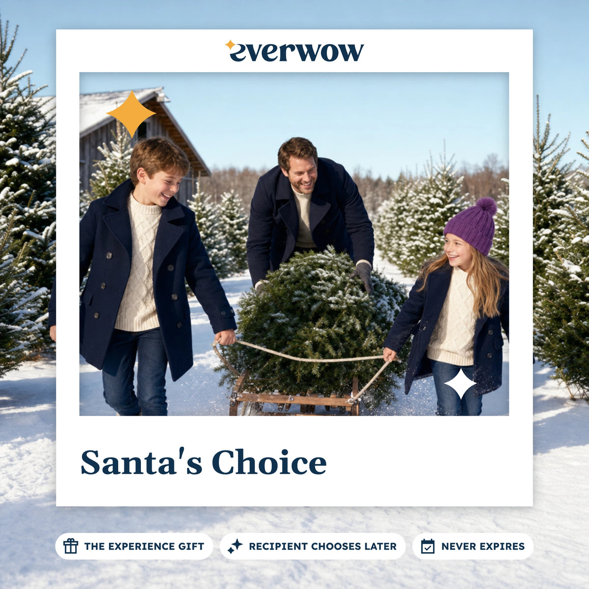 Everwow Santa's Choice experience gift photo in a frame, sledding a fir at a tree farm