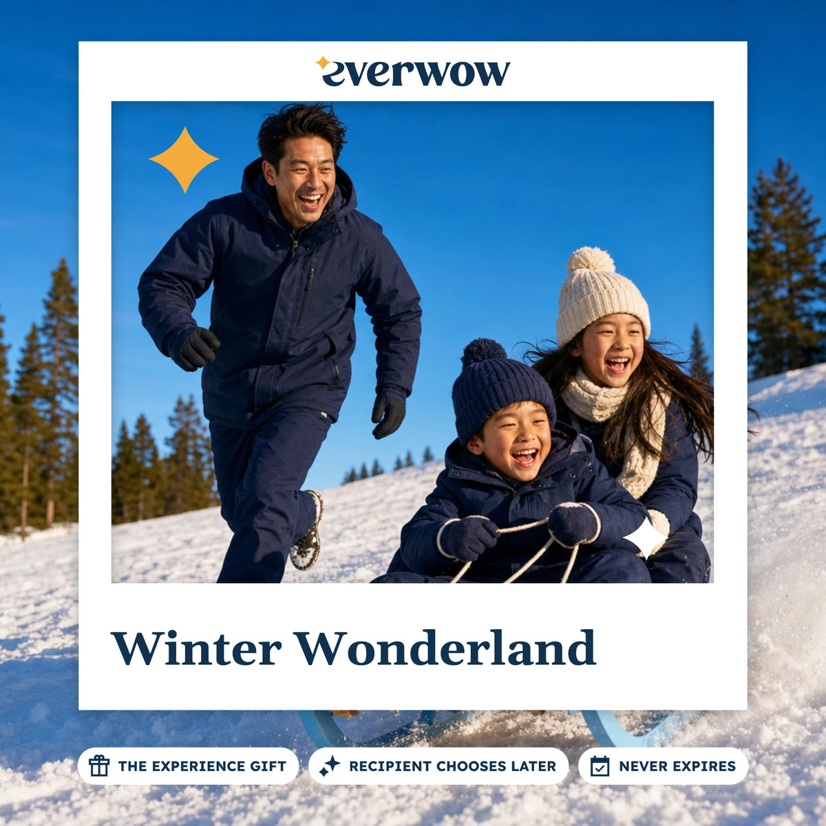 Everwow Winter Wonderland experience gift photo in a frame, children sledding downhill