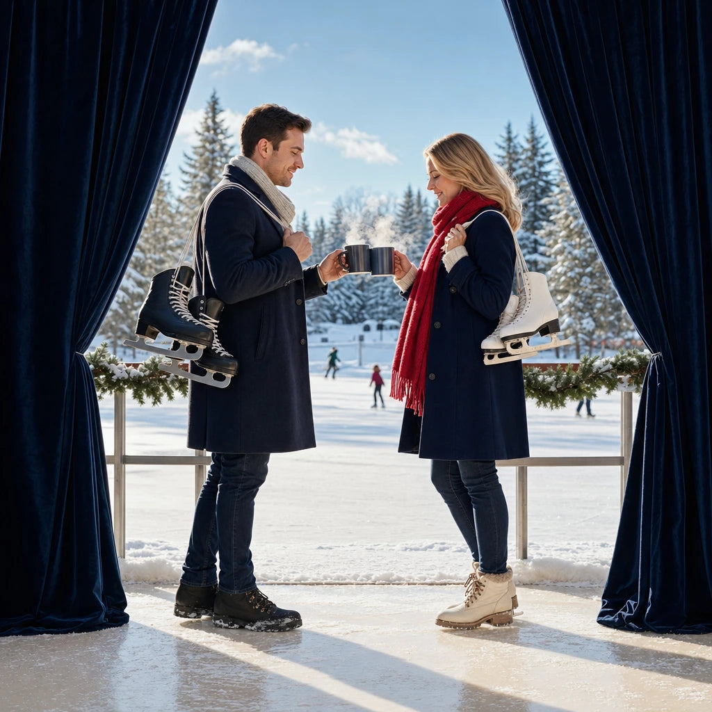 Couple clinking cocoa mugs at an outdoor ice rink, skates on their shoulders, Merry Christmas experience gift