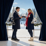 Couple clinking cocoa mugs at an outdoor ice rink, skates on their shoulders, Merry Christmas experience gift