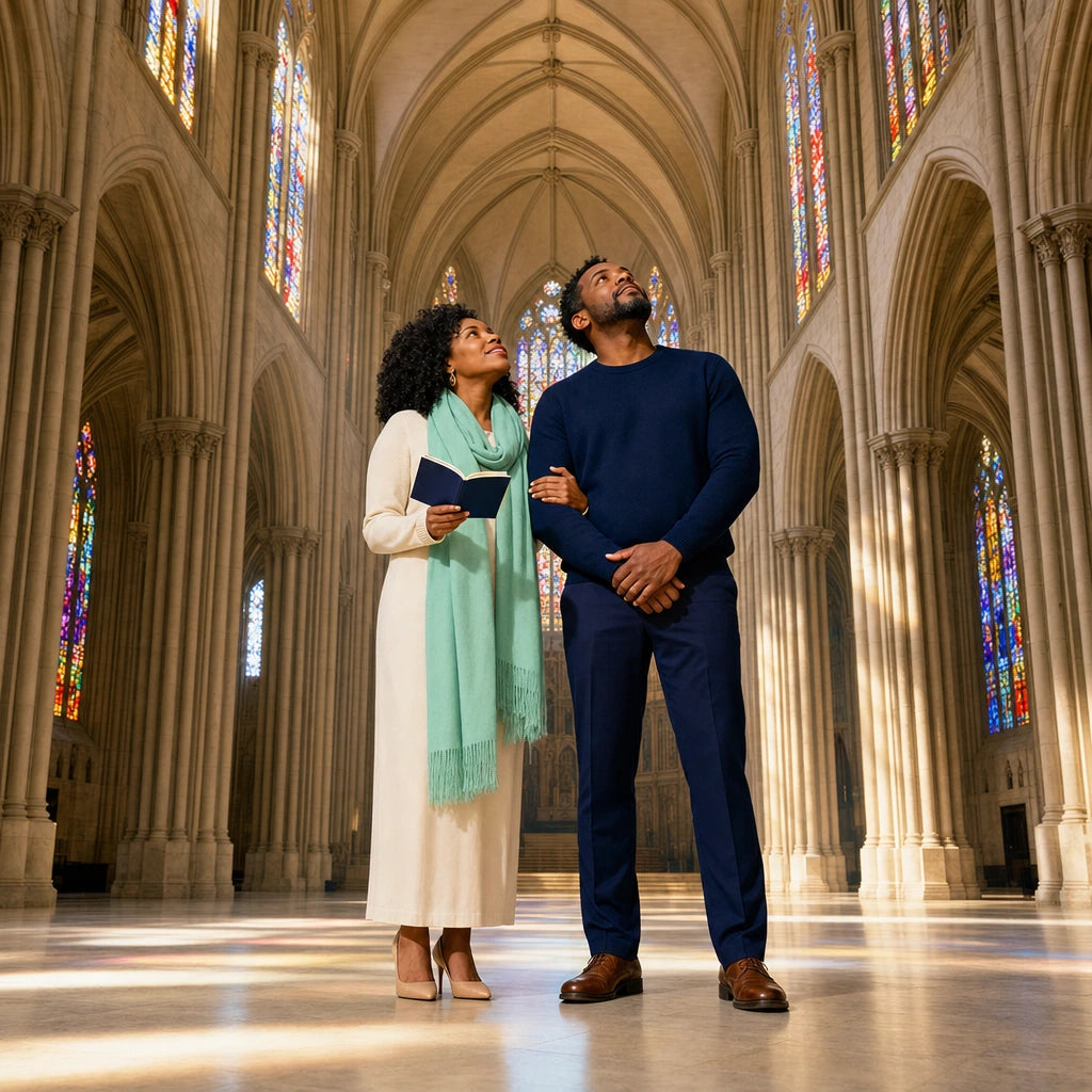 Couple gazing up at a vaulted cathedral ceiling in stained-glass light, Church & Cathedral Tour experience gift