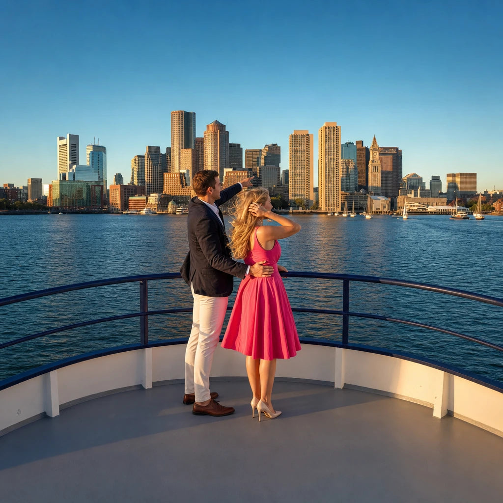 Couple at the bow rail watching the skyline light up at dusk, City & Harbor Cruises experience gift